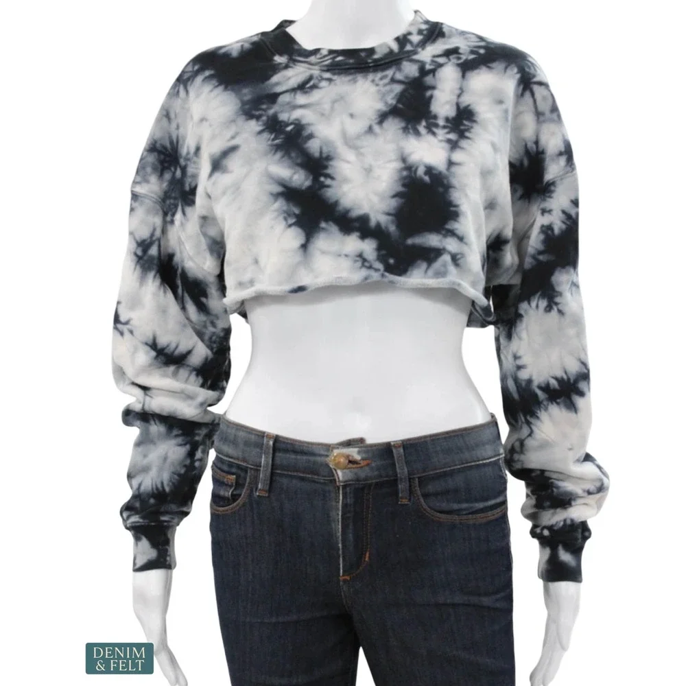Alo‎ Yoga Tie Dye Extreme Crop Crewneck Sweatshirt Black White Cropped Pullover